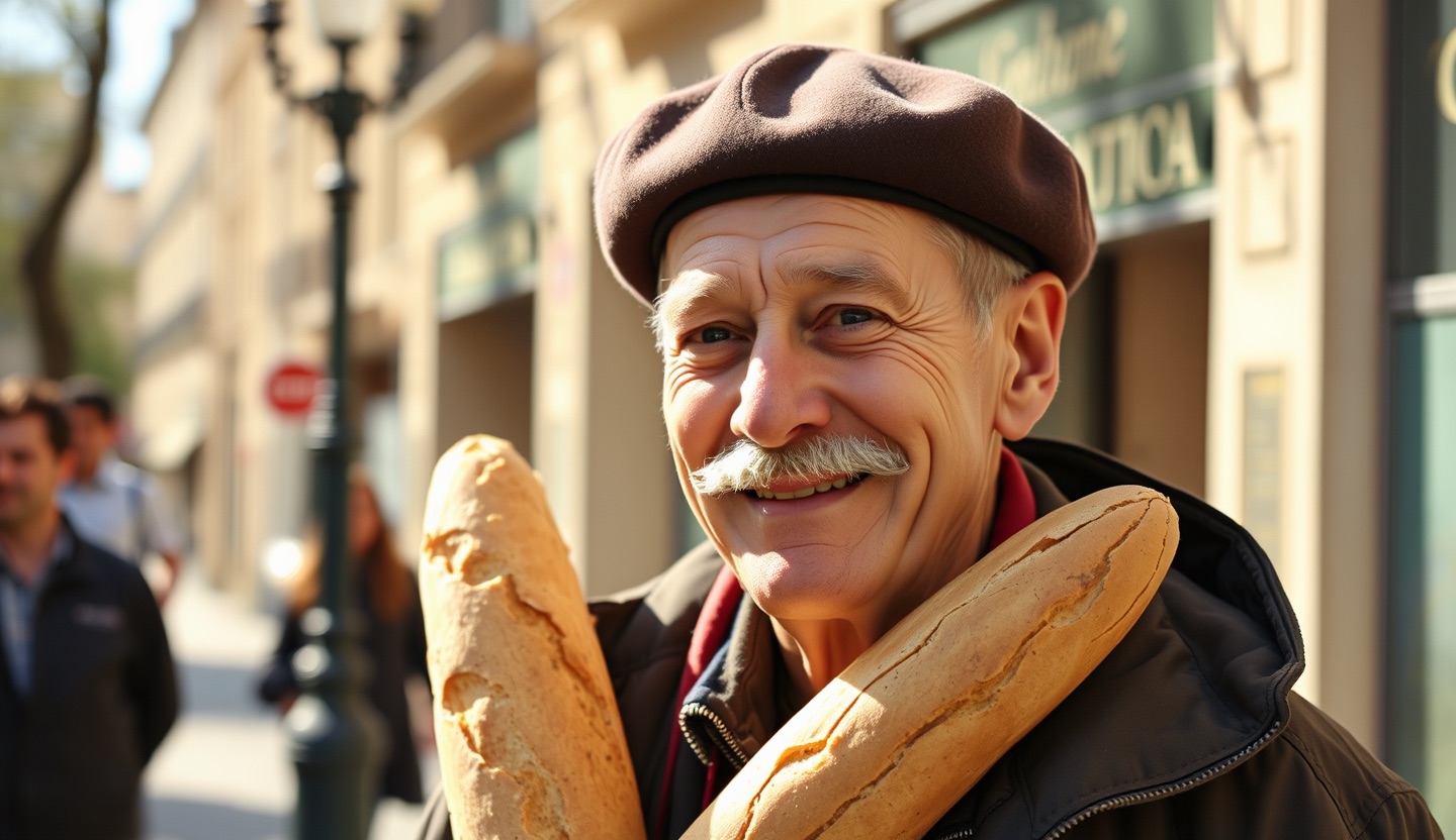 Un homme souriant à moustache, béret sur la tête et baguette à la main, dans une rue de Paris ensoleillée
