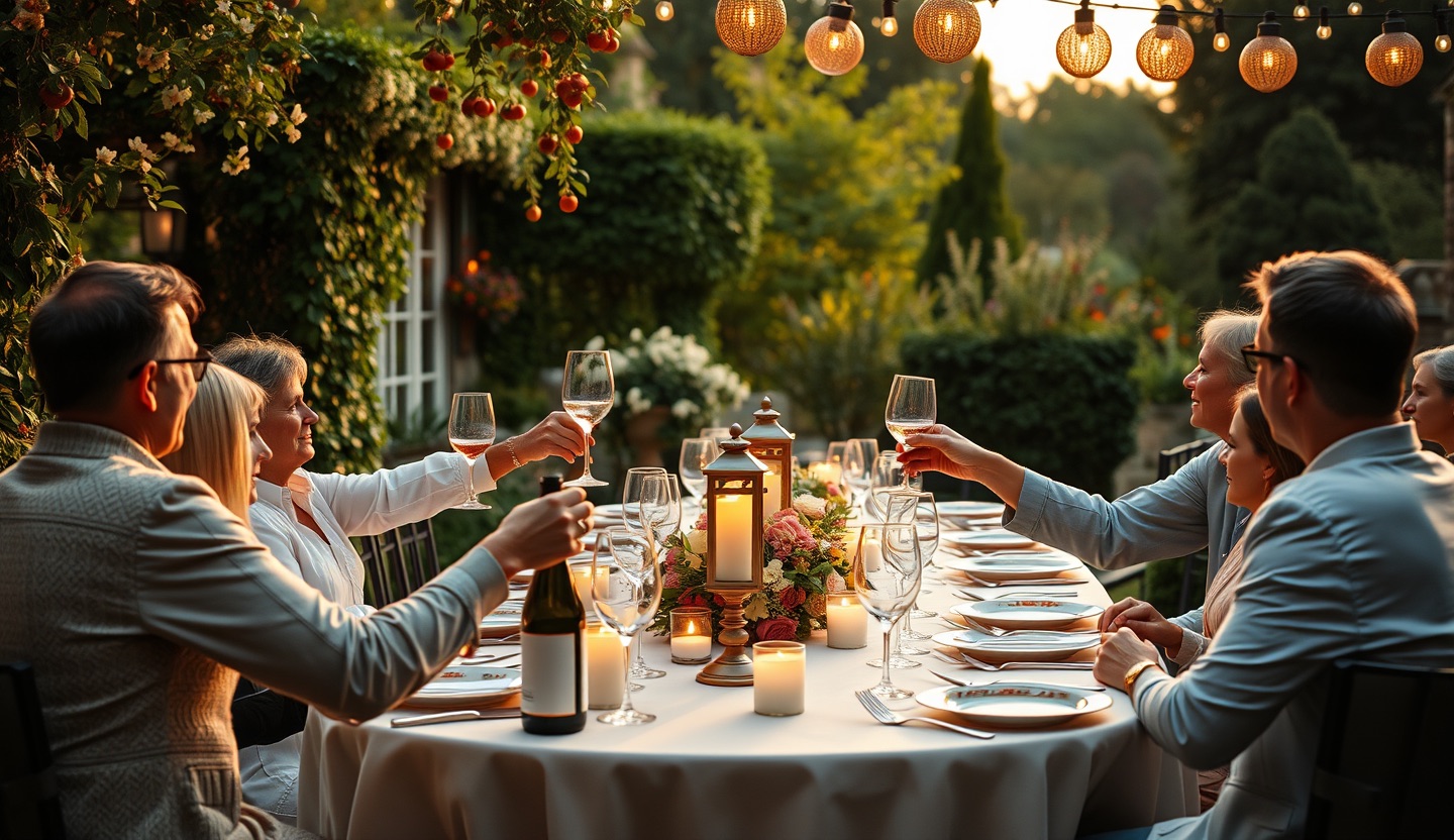 Une tablée festive dans un jardin français illuminé de lampions, des amis lèvent leur verre vers quelqu'un